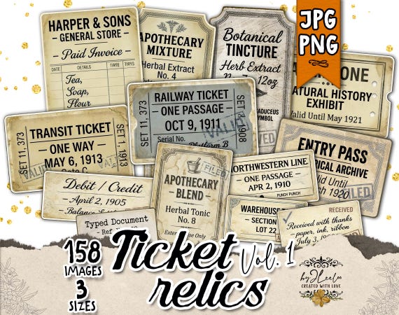 TICKET RELICS vintage ephemera printable, junk journal pack, antique labels receipts, collage supplies, scrapbooking paper craft kit | tl373