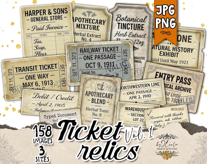 TICKET RELICS vintage ephemera printable, junk journal pack, antique labels receipts, collage supplies, scrapbooking paper craft kit | tl373