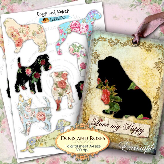 DOGS AND ROSES png file large digital collage sheets texture for scrapbooking jpg art instant download printable pp127