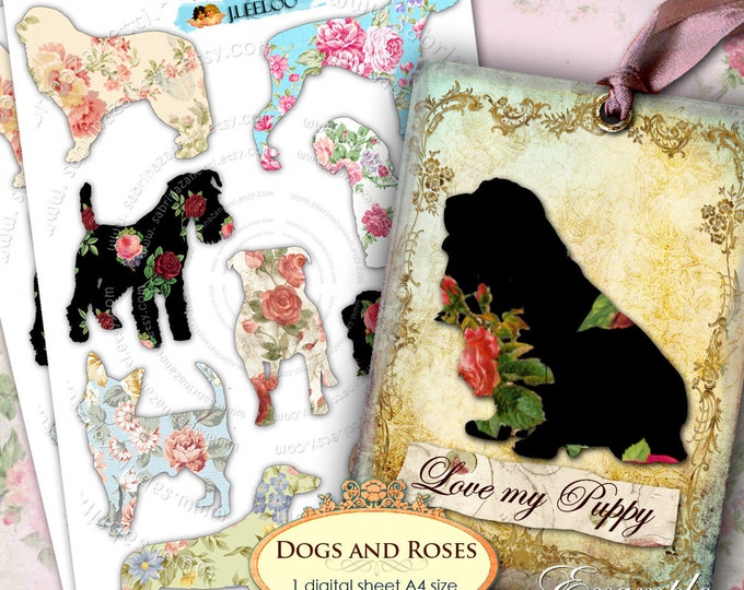 DOGS AND ROSES png file large digital collage sheets texture for scrapbooking jpg art instant download printable pp127