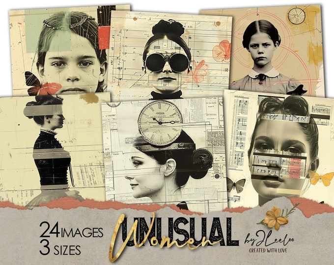 UNUSUAL WOMEN Collection 3 sizes | 24 photo portrait collage faces printable papers | Steampunk whimsy Digital Art Commercial Use | pp818