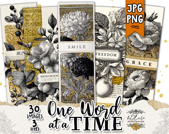 ONE WORD at a TIME – 30 Printable Vintage Floral Tags & Bookmarks Inspirational Words | Junk Journal Ephemera and Jewelry Craft Art | bm134