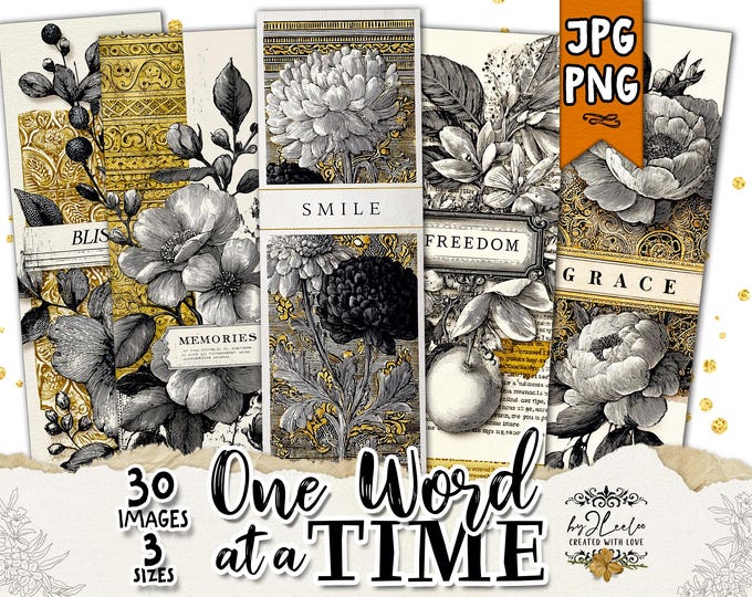 ONE WORD at a TIME – 30 Printable Vintage Floral Tags & Bookmarks Inspirational Words | Junk Journal Ephemera and Jewelry Craft Art | bm134