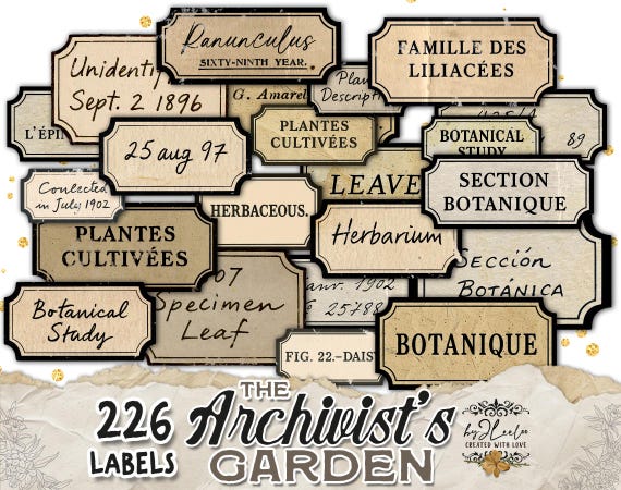 ARCHIVIST'S GARDEN text label printable botanical word | old ledger vintage ephemera junk journal | scrapbook diary instant download | tl340