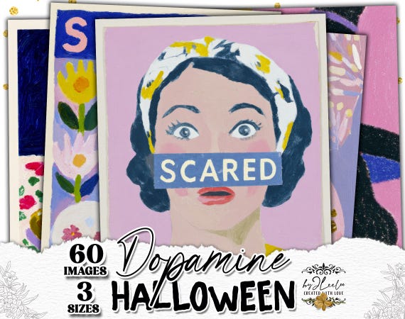 THE DOPAMINE HALLOWEEN Collection | Joyful Vintage-Inspired Pastel Prints, Retro Wall Art, Whimsical Happy Halloween Journal Kit – pp993