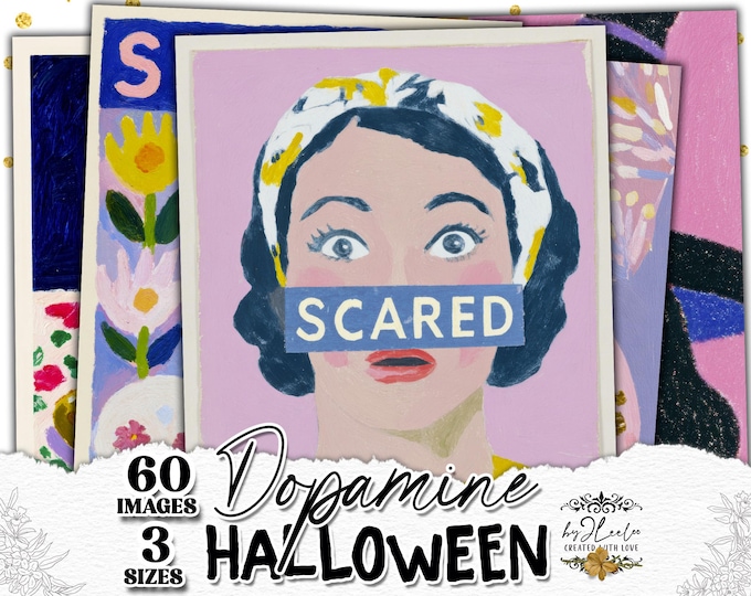 THE DOPAMINE HALLOWEEN Collection | Joyful Vintage-Inspired Pastel Prints, Retro Wall Art, Whimsical Happy Halloween Journal Kit – pp993