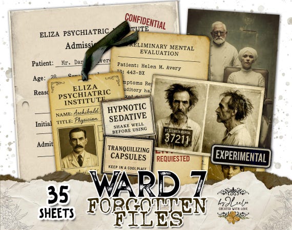 WARD-7 Forgotten Files | 35 Vintage Asylum Ephemera Sheets, Mental Hospital Tags & Documents for Junk Journal, Scrapbooking, Collage | pp945
