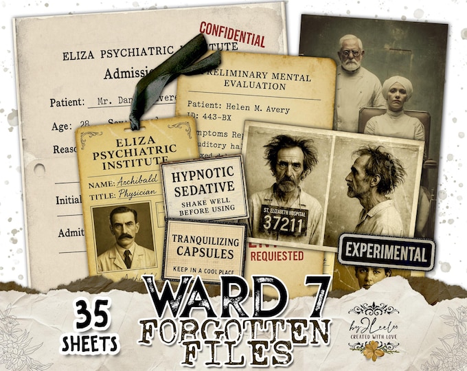 WARD-7 Forgotten Files | 35 Vintage Asylum Ephemera Sheets, Mental Hospital Tags & Documents for Junk Journal, Scrapbooking, Collage | pp945