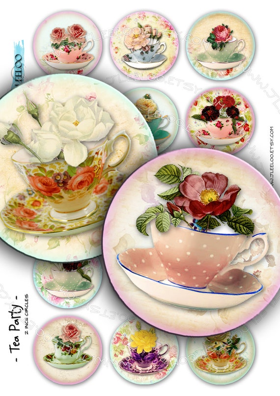 Digital collage sheets TEA PARTY 2 inch circle tea cup sweet delicious for pendant magnet and craft instant download printable paper tn181