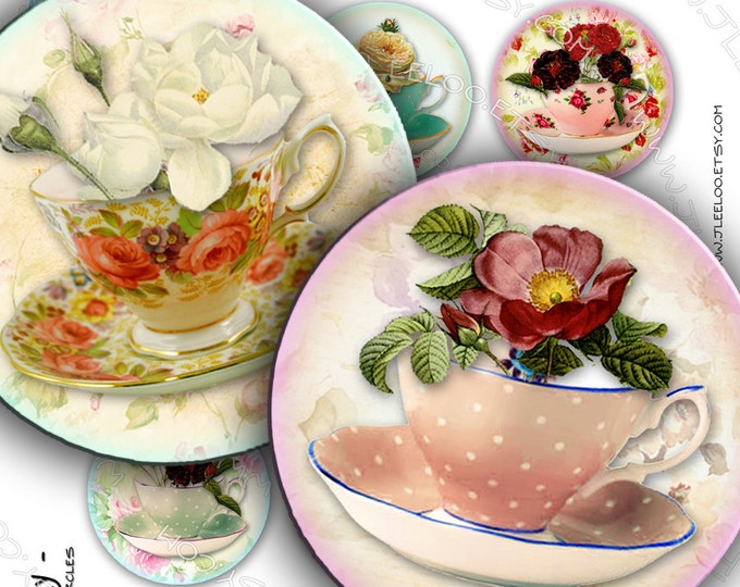Digital collage sheets TEA PARTY 2 inch circle tea cup sweet delicious for pendant magnet and craft instant download printable paper tn181