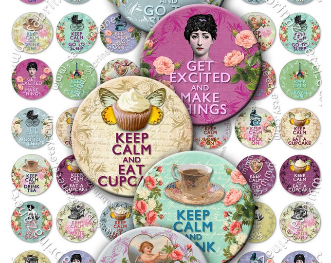 Digital paper KEEP CALM in CIRCLE 1 inch circle romantic vintage for pendant magnet and craft instant download printable download tn159