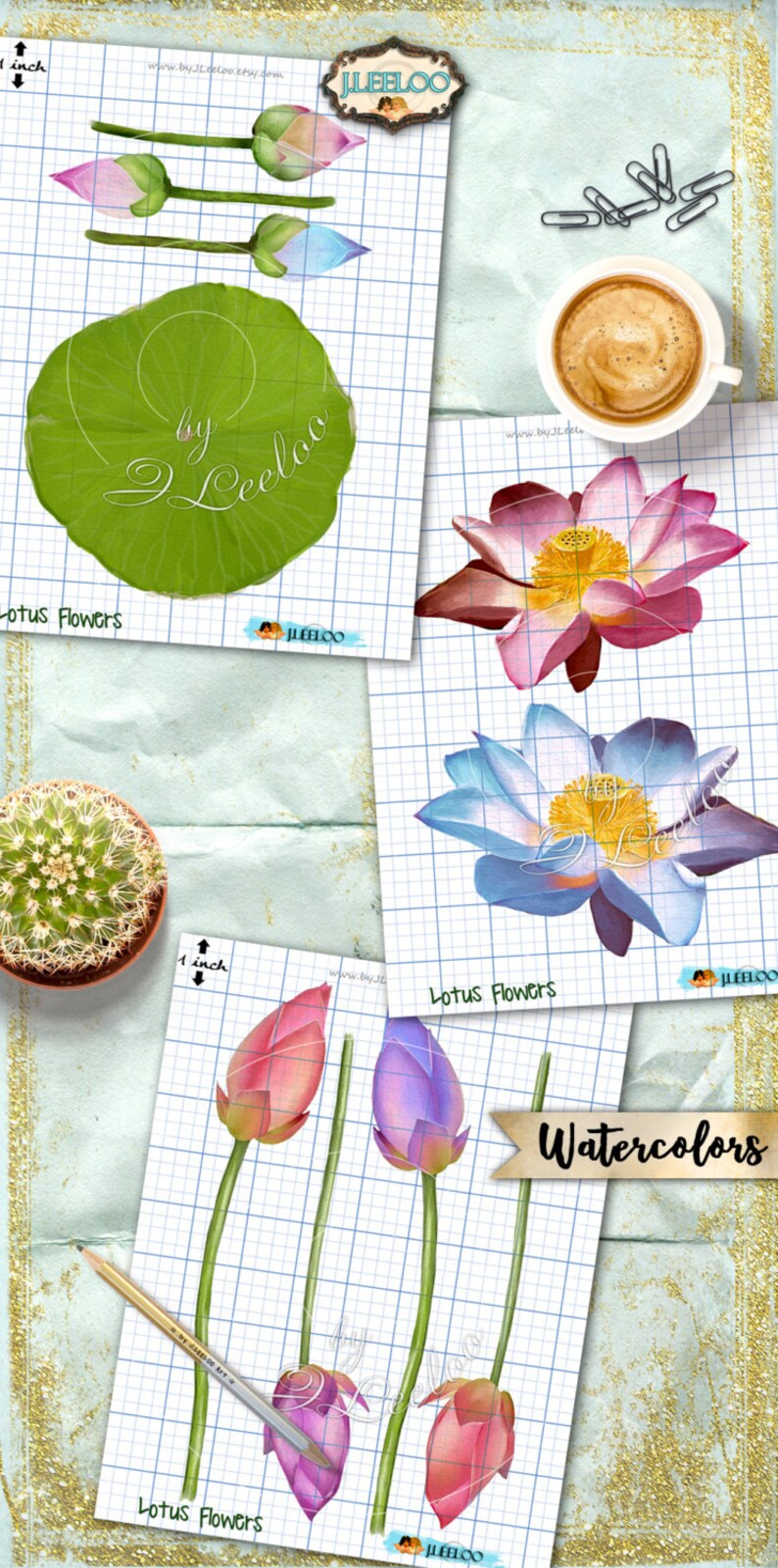 May include: Watercolor illustrations of lotus flowers in various stages of bloom. The illustrations are on a gridded background with the text "Lotus Flowers" and "Watercolors".