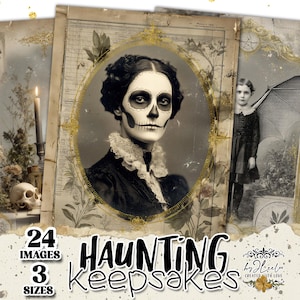 Puede incluir: Una colección de imágenes digitales de estilo vintage con temática de Halloween. Las imágenes incluyen una mujer con maquillaje de calavera, un niño con un paraguas con forma de ala de murciélago, una calavera y una vela encendida. El texto dice "24 Imágenes, 3 Tamaños" y "Haunting Keepsakes".
