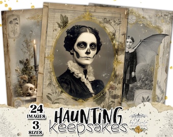 Può includere: Una collezione di immagini digitali in stile vintage a tema Halloween. Le immagini includono una donna con trucco da teschio, un bambino con un ombrello ad ala di pipistrello, un teschio e una candela accesa. Il testo recita "24 Immagini, 3 Misure" e "Haunting Keepsakes".