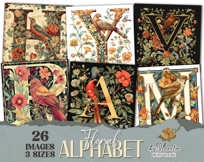 FLORAL ALPHABET printable letters | 3 sizes for poster paper craft junk journal digital ephemera supplies | victorian vintage card | qu611