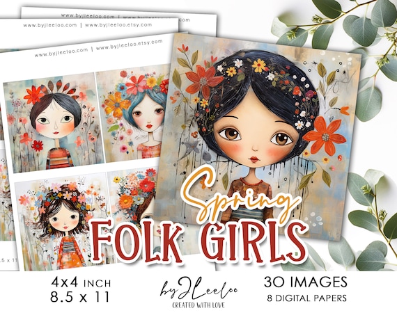 SPRING FOLK girls 4x4 inch printable | square supplies for coaster pendant mirror magnet | craft instant download diy scrapping | qu561