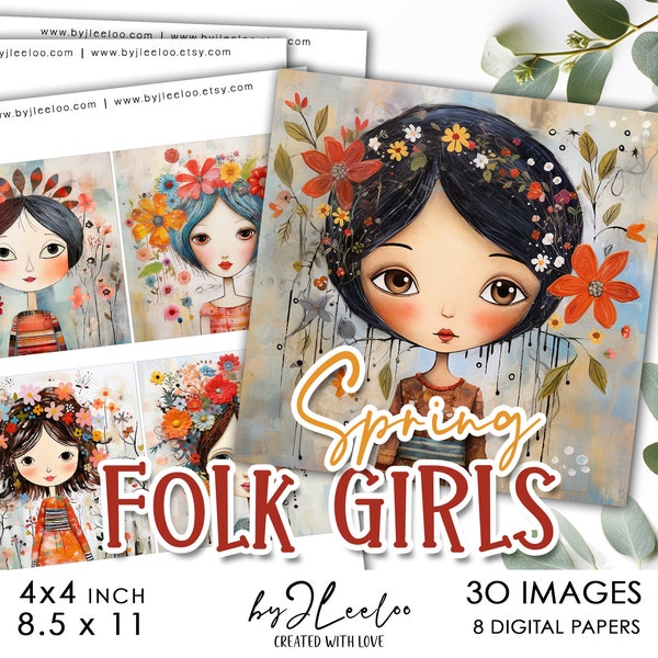 FRÜHLING FOLK Mädchen 4x4 inch printable | quadratische Lieferungen für Untersetzer Anhänger Spiegel Magnet | handwerks sofort download DIY scrapping | qu561