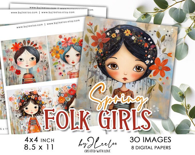SPRING FOLK girls 4x4 inch printable | square supplies for coaster pendant mirror magnet | craft instant download diy scrapping | qu561