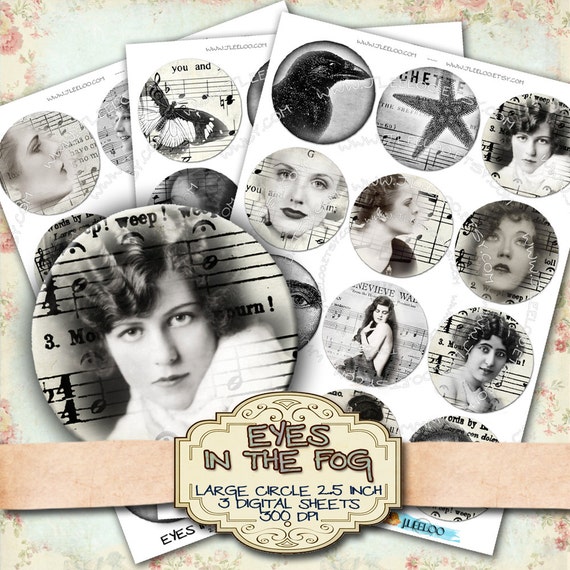 Digital collage EYES in THE FOG 2.5 inch circle black white mistery romantic for pendant clipart magnet instant download printable tn205