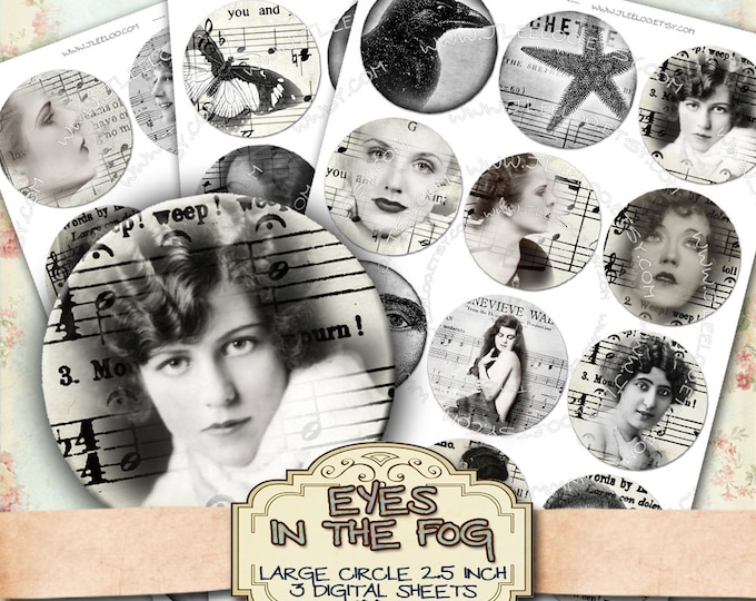 Digital collage EYES in THE FOG 2.5 inch circle black white mistery romantic for pendant clipart magnet instant download printable tn205