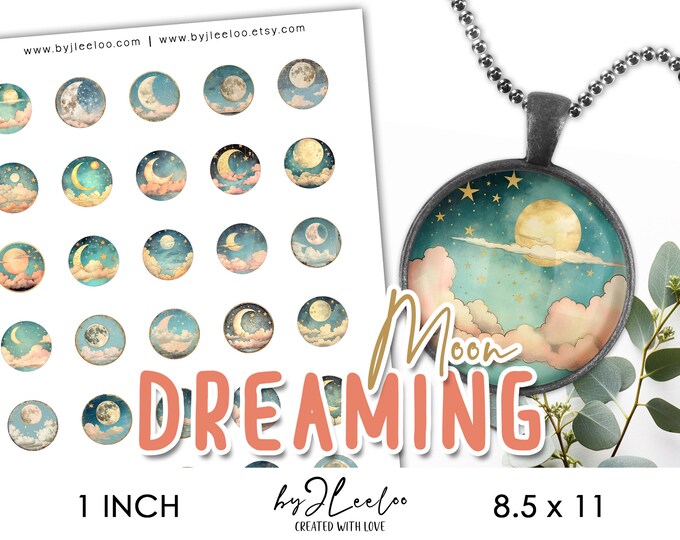 DREAMING MOON 1 inch printable | Celestial supplies round pendants, mystical bezel trays, glass cabochon mountings, cameo settings | tn728
