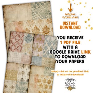 May include: A stack of vintage-style digital papers with various patterns and textures. The papers feature damask, grid, and floral designs in muted colors. Text on the image reads "DIGITAL DOWNLOAD" and "INSTANT DOWNLOAD".