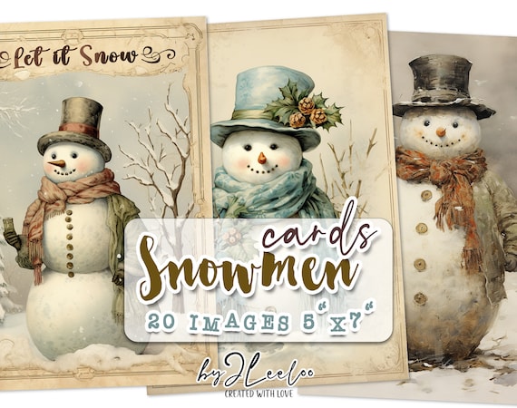 SNOWMEN CARDS 5x7 inch vintage postcard | Christmas journaling supplies ephemera card making | self-printing scrapbook illustration | pp648