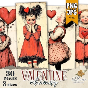 VALENTINE WHIMSY boekenleggers 3 maten | PNG- en jpeg-kaart meisjes illustratie wrapper decor cadeau | Afdrukbaar junkjournaal met labeltag | bm123