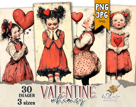VALENTINE WHIMSY bookmarks 3 sizes | PNG and Jpeg card Girls illustration wrapper decor gift | Label tag printable Junk Journal | bm123