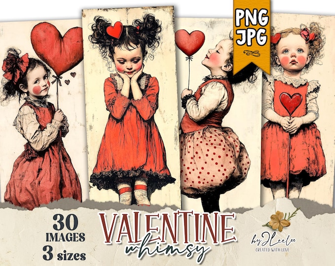 VALENTINE WHIMSY bookmarks 3 sizes | PNG and Jpeg card Girls illustration wrapper decor gift | Label tag printable Junk Journal | bm123