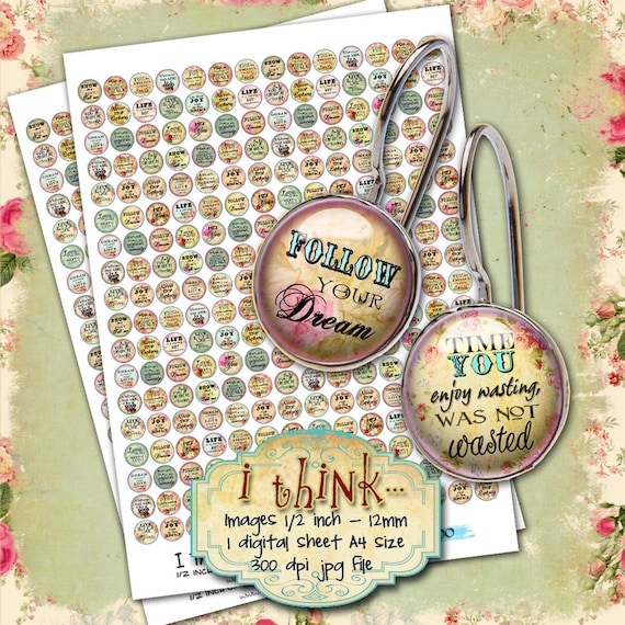 Digital collage sheet I THINK 12mm circle images earring size romantic quote digital jewelry instant download tn265