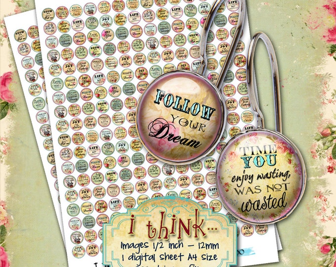 Digital collage sheet I THINK 12mm circle images earring size romantic quote digital jewelry instant download tn265