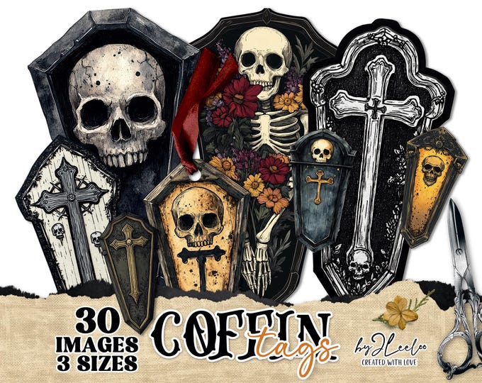 COFFIN TAGS | printable gothic designs for Halloween party | Antique Victorian Vampire Skull Scary invitation decoration journal CU | cl176