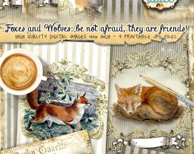 FOX AND WOLF 9 postcard Digital collage sheet mammal paper craft greeting cards scrapbook  journaling instant download printable pp313