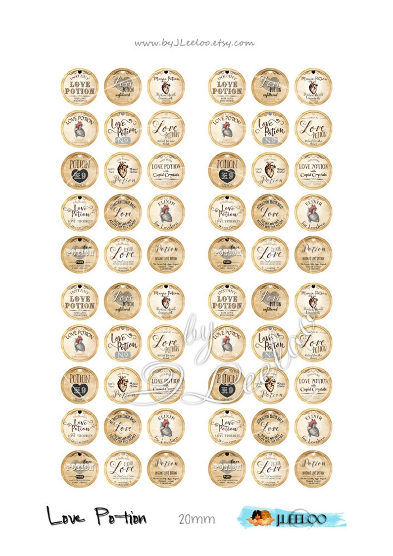 Love Potion 20mm 16mm 12mm Circle Sheets Earring Ring Size Apothecary Digital Images Jewelry Instant Download