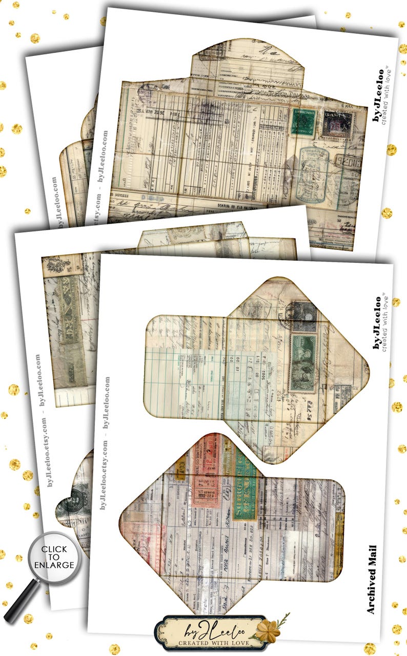 May include: A collection of vintage-style paper ephemera, including envelopes and documents, with aged textures, stamps, and handwritten notes. The design features the text "Archived Mail" and "by JLeeloo created with love".
