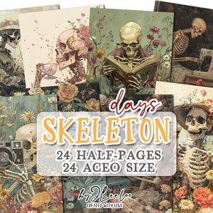 SKELETON DAYS halbe Seiten druckbar urkomisch | Junk Journal Aceo | Lustige Karte Papier von Hand gezeichnet Halloween oder Tag der Toten | pp772