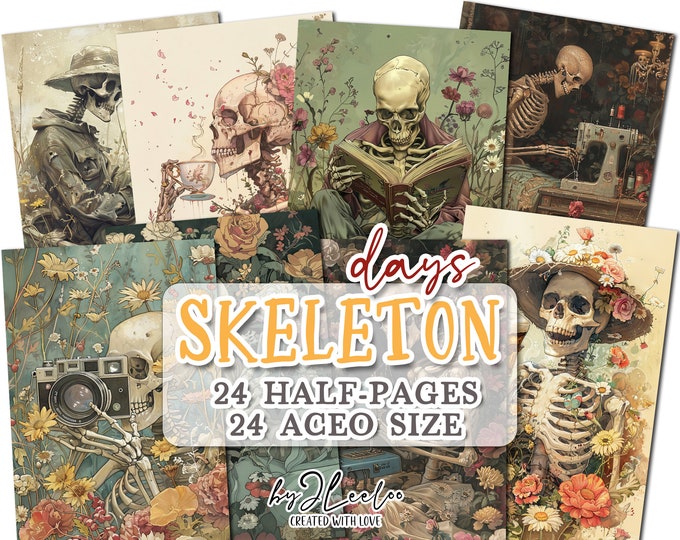 SKELETON DAYS half pages printable hilarious | junk journal Aceo | Funny card paper hand-drawn Halloween or Day of the Dead  | pp772