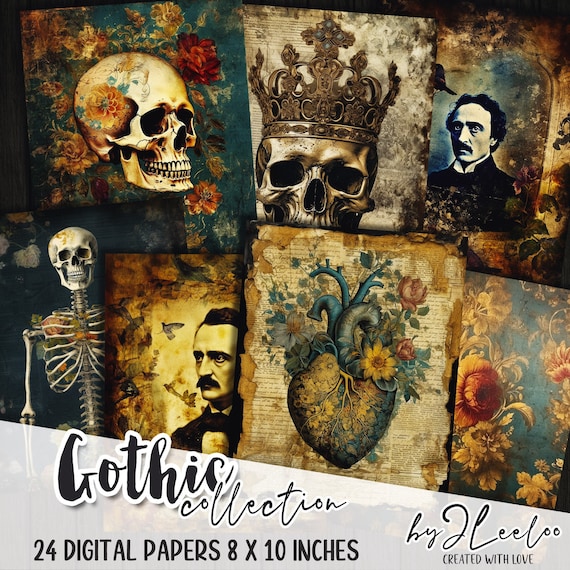 GOTHIC 8x10 printable halloween | 24 printable scary dirty paper | card making junk journal supplies | Tattered card journaling art | pp626