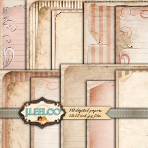 May include: Ten digital papers in a collage, each with a different vintage style design. The papers are in shades of pink, brown, and white, and feature lines, stripes, and swirls. The papers are 12x12 inches and are in jpg format. The text "J.LEELOO" and "10 digital papers 12x12 inch jpg files" is visible in the image.
