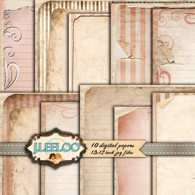 May include: Ten digital papers in a collage, each with a different vintage style design. The papers are in shades of pink, brown, and white, and feature lines, stripes, and swirls. The papers are 12x12 inches and are in jpg format. The text "J.LEELOO" and "10 digital papers 12x12 inch jpg files" is visible in the image.