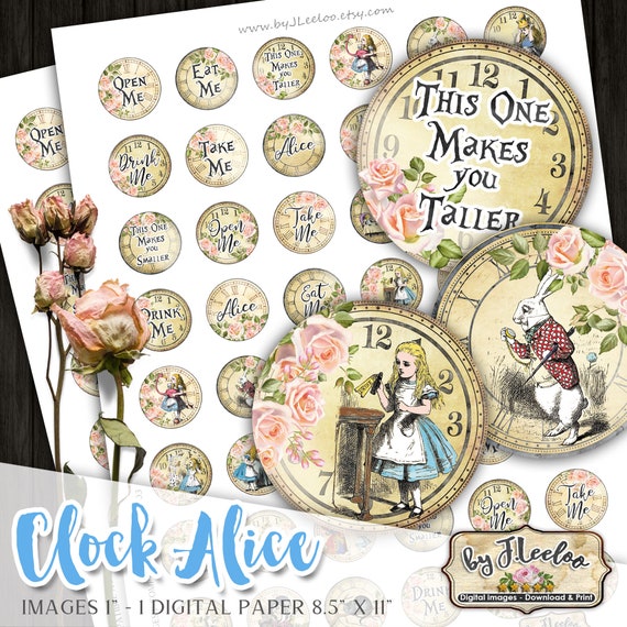CLOCK FACE ALICE 1 inch circle printable for stickers pendants clocks bottle caps magnets coaster graphic digital collage sheet tn610