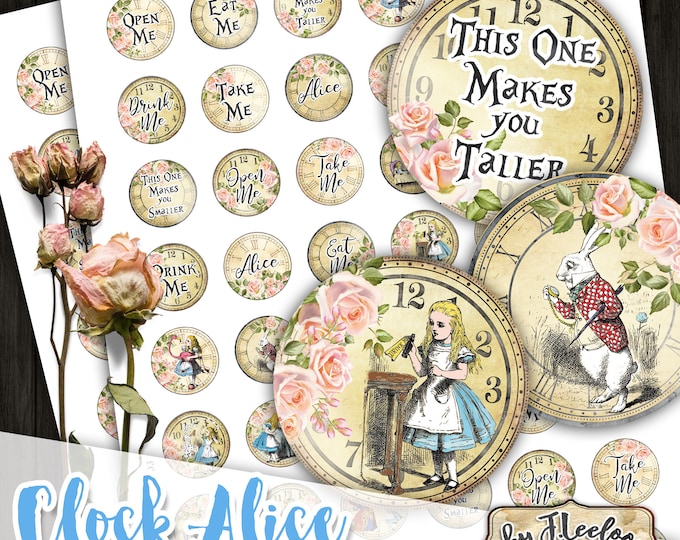 CLOCK FACE ALICE 1 inch circle printable for stickers pendants clocks bottle caps magnets coaster graphic digital collage sheet tn610