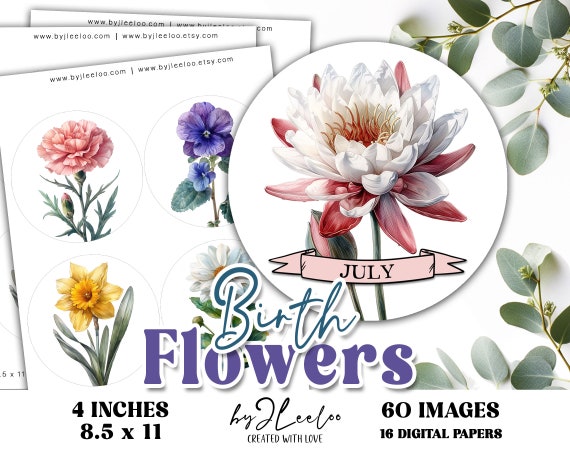 BIRTH FLOWERS 4 inches printable circle | Birth Month Flower circle birthday gift sticker card making | Fussy cut digital download | tn820