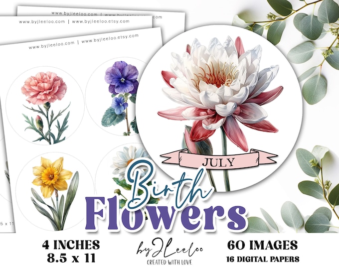 BIRTH FLOWERS 4 inches printable circle | Birth Month Flower circle birthday gift sticker card making | Fussy cut digital download | tn820