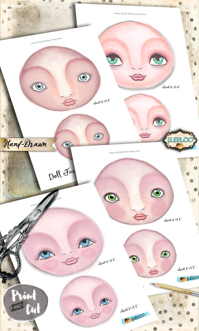 DOLL FACES printable handdrawn digital collage sheet for iron Etsy