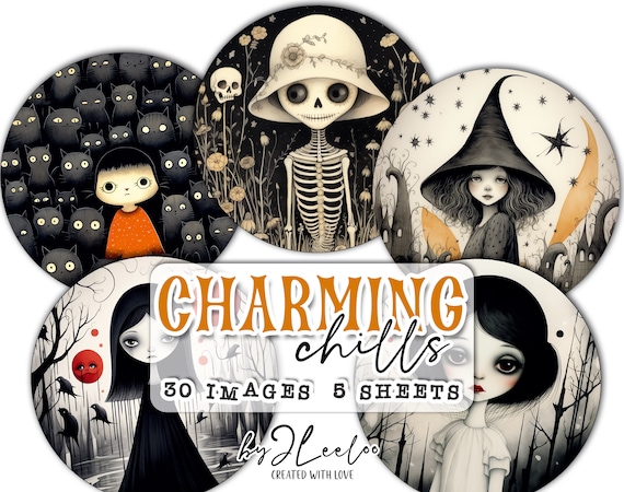 CHARMING CHILLS 3 inch printable | Halloween crafting digital sheet for party journal supplies paper | monster ghost skull skeleton  | tn666