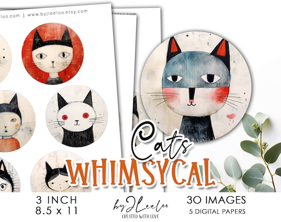 WHIMSICAL CATS 3 inch printable | supplies round pendant sticker charms glass cabochon magnet | ornaments journal scrapbooking craft | tn708