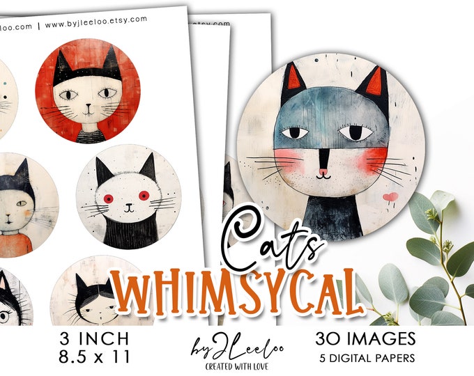 WHIMSICAL CATS 3 inch printable | supplies round pendant sticker charms glass cabochon magnet | ornaments journal scrapbooking craft | tn708