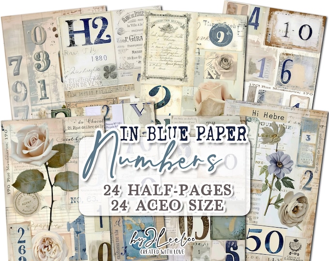NUMBERS IN BLUE Paper half pages collage | Aceo junk journal Mixed Media supplies printable | Distressed whimsical Digital papers | pp736